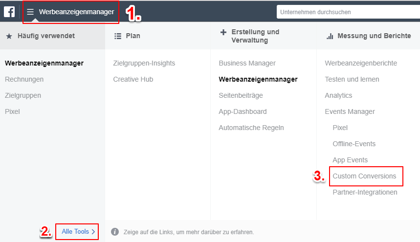 Screenshot: Facebook Navigation zur Custom Conversion